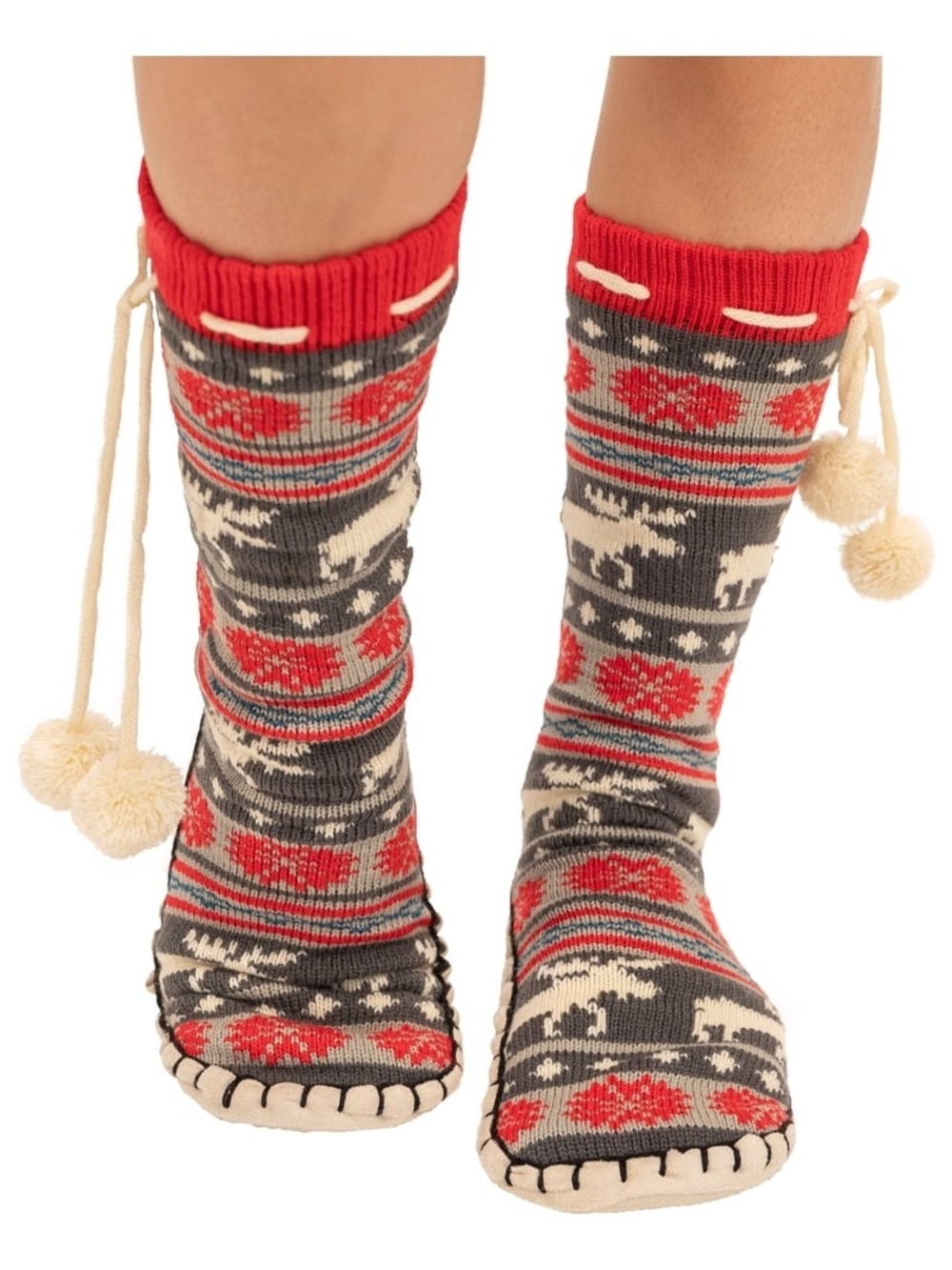 LAZY ONE Cozy Fair Isle Moose Knit Mukluk Slipper Socks - Red, Gray, Cream